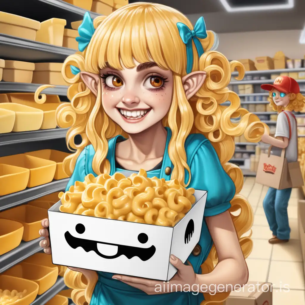 A mushroom fairy girl working in a retail store and holding a box of Mac and cheese. Giving off a fake smile and looking very dead in the eyes.