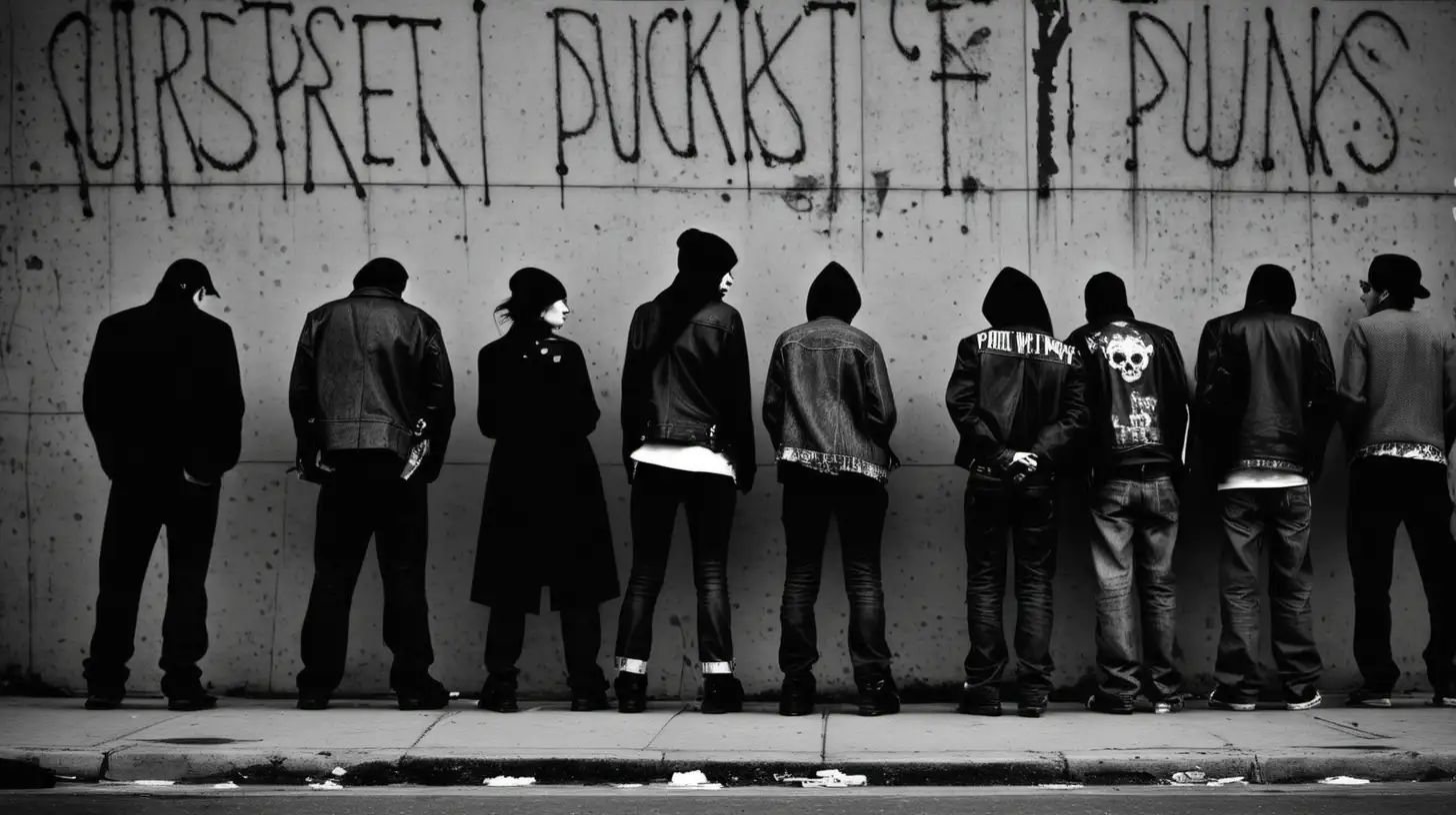 Urban Punk Gathering on Grunge Street in Black and White