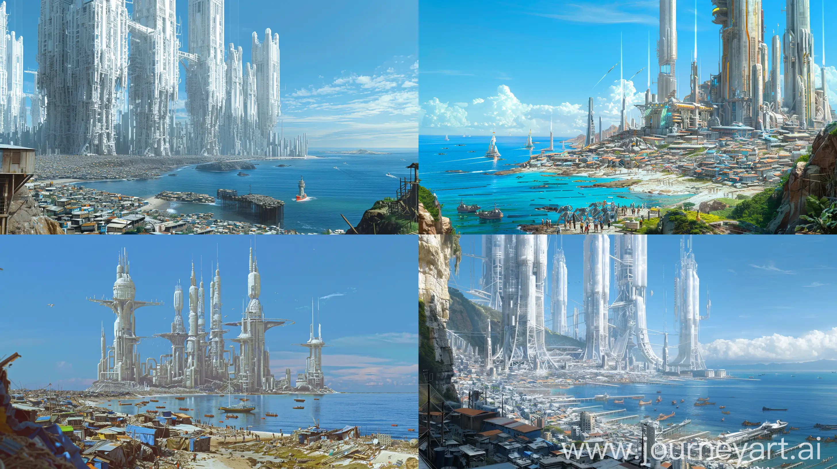 retro sci-fi concept art of the skyline of a coastal city of majestic dazzling futuristic pylon and tower architecture surrounded by squalid slums. Ralph McQuarrie style. on a beautiful ocean coast. blue sky. --ar 16:9
