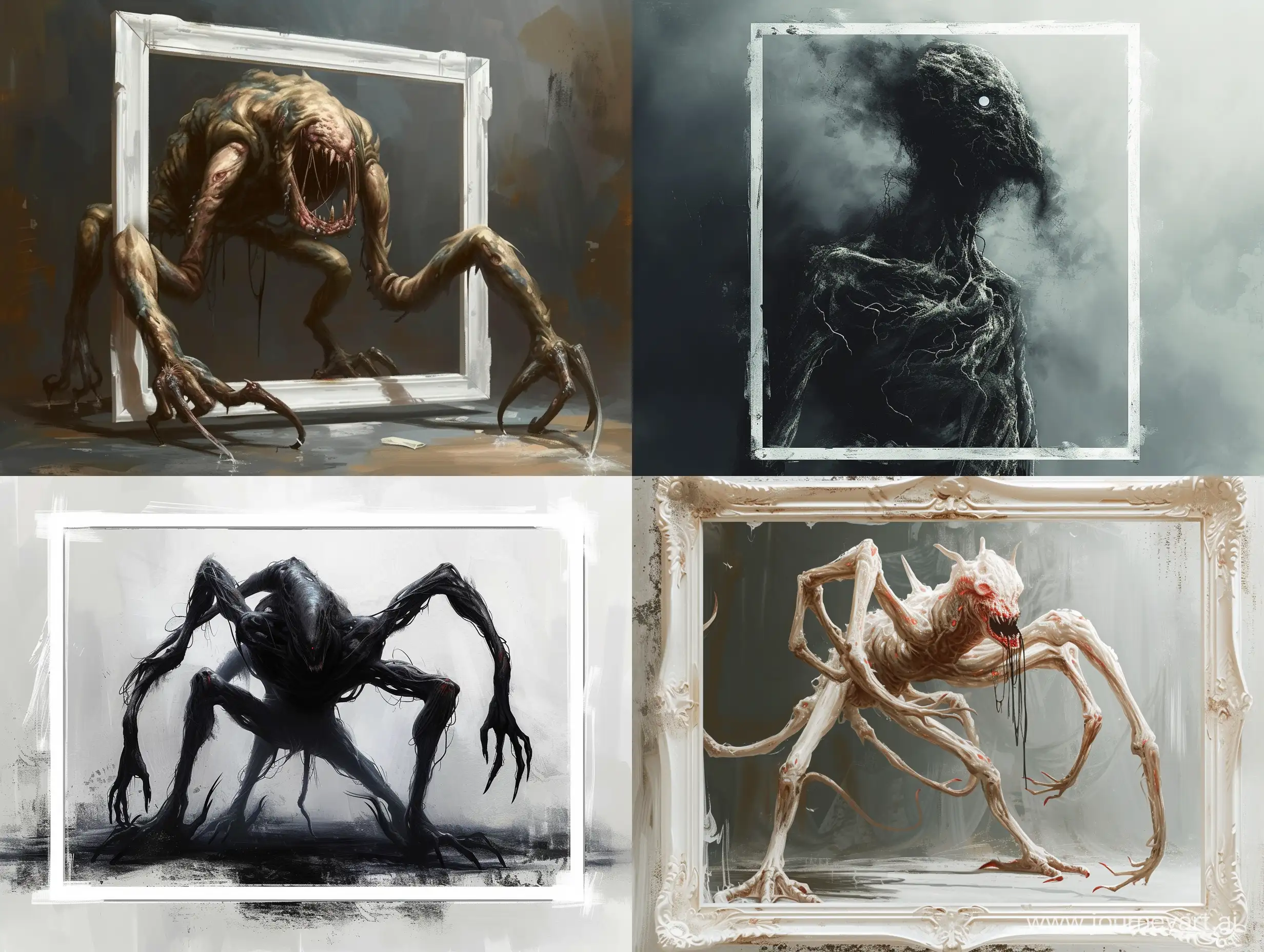 Concept art, Monster clicker tlou hybrid, eyesless scp slender creature, white frames, kaiju creature, dark fantasy art
