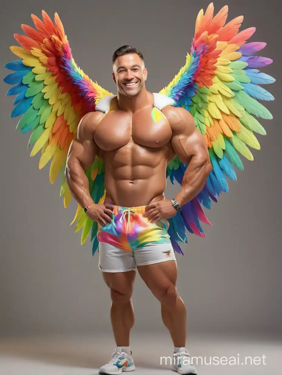Topless Ultra Chunky Bodybuilder Daddy with Rainbow LED Jacket and Eagle Wings Flexing
