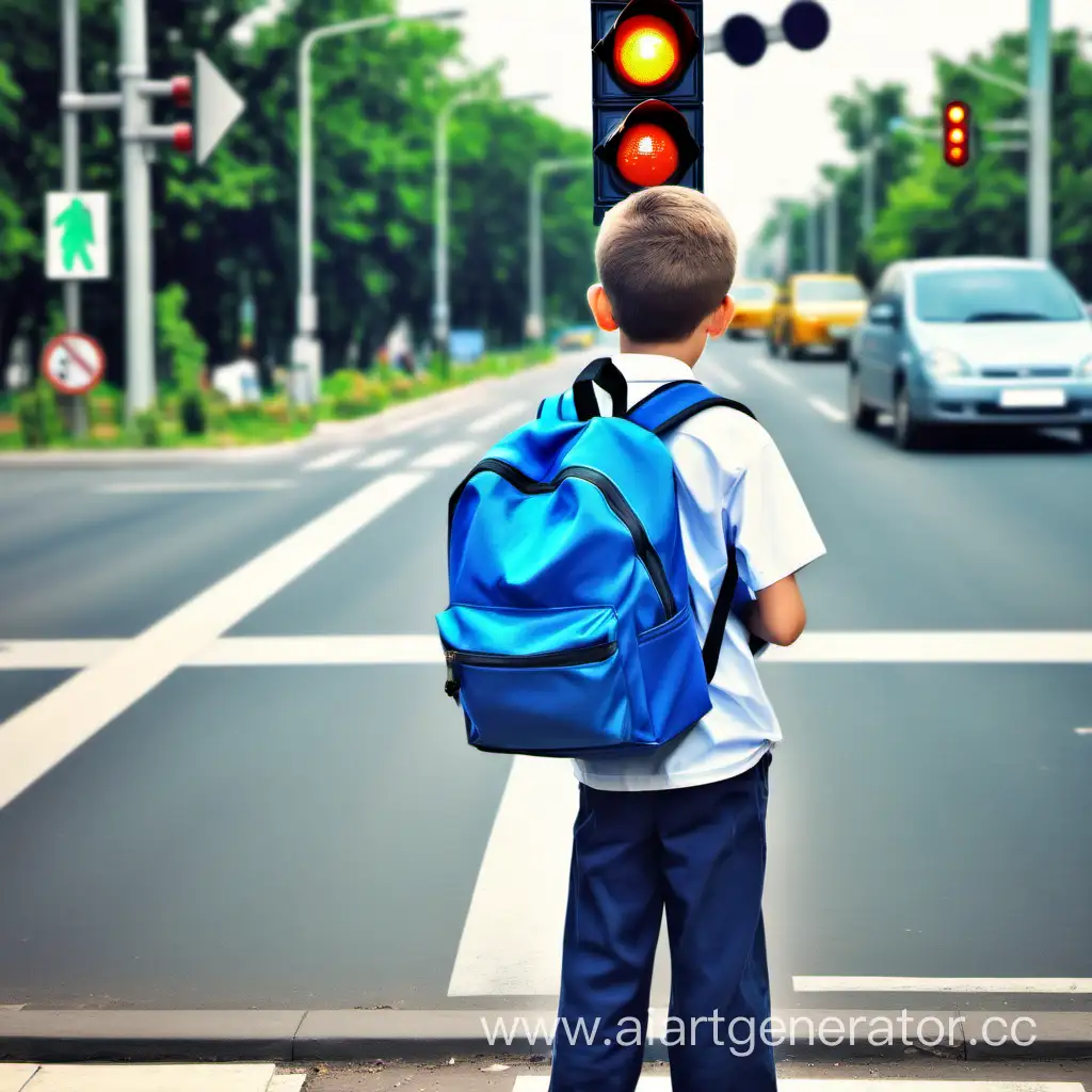 Школьник с голубым рюкзаком стоит на светофоре, ждет чтобы перейти дорогу
