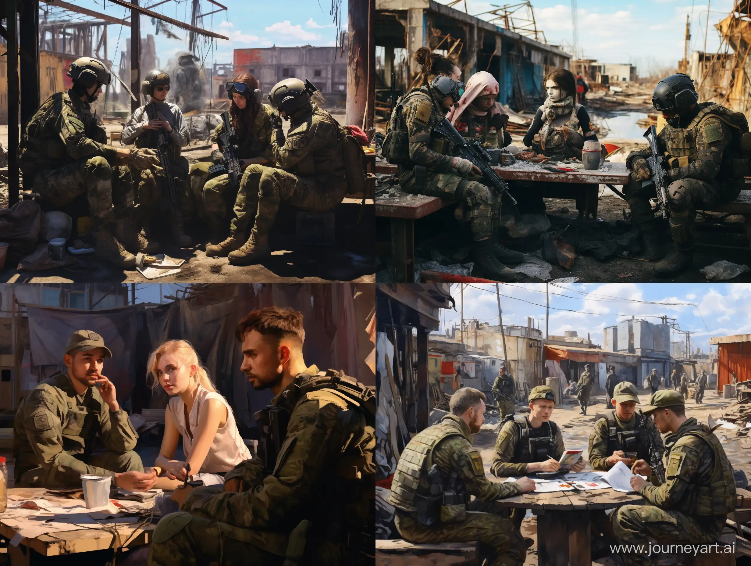 Image of a group of 4 Ukrainian heavy equipped male and female soliders recruits with helmet and camo battlesuit, sitting in wooden table outside in war torned wide drydocks liminal city, morning, showing their sense of humor, photography, male and female, with other many soldiers idling in the background