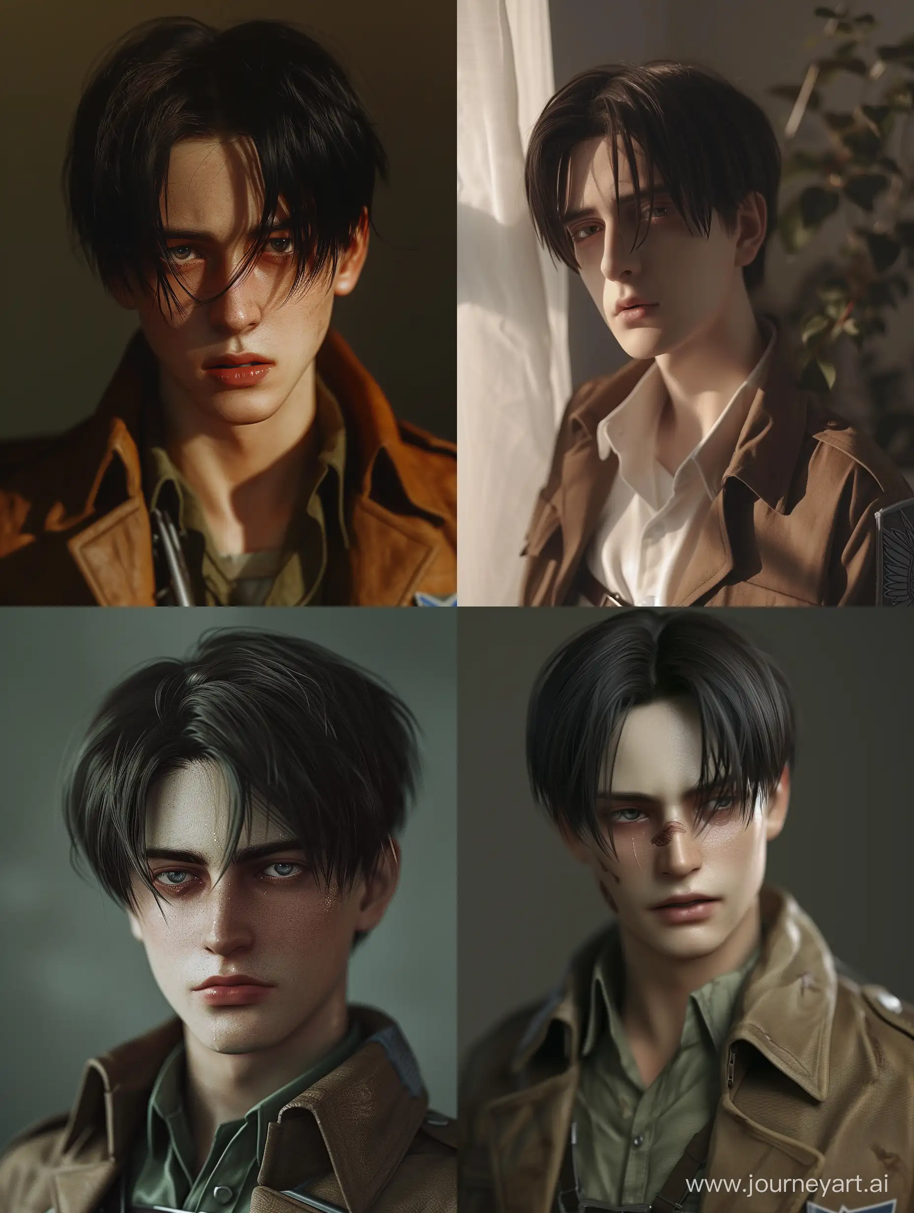 Realistic Levi Ackerman from attack on titan live, in his 30s, normal dark circles