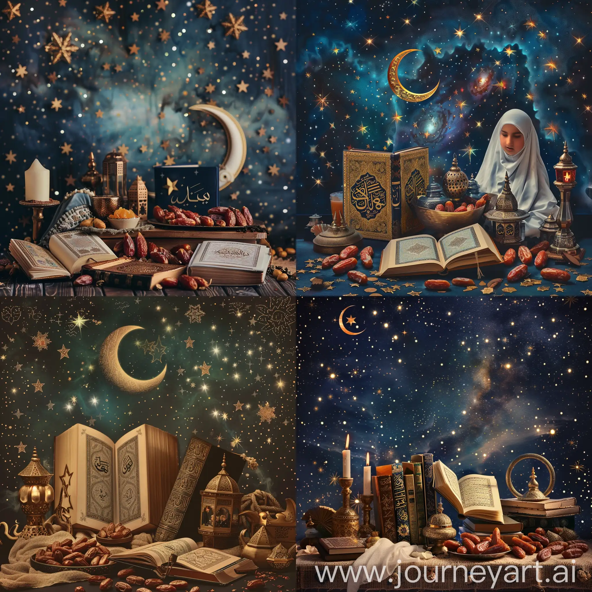 Create an image to wish Ramadan with beautiful starry and crescent background and dates, Quran and other islamic items in the front 