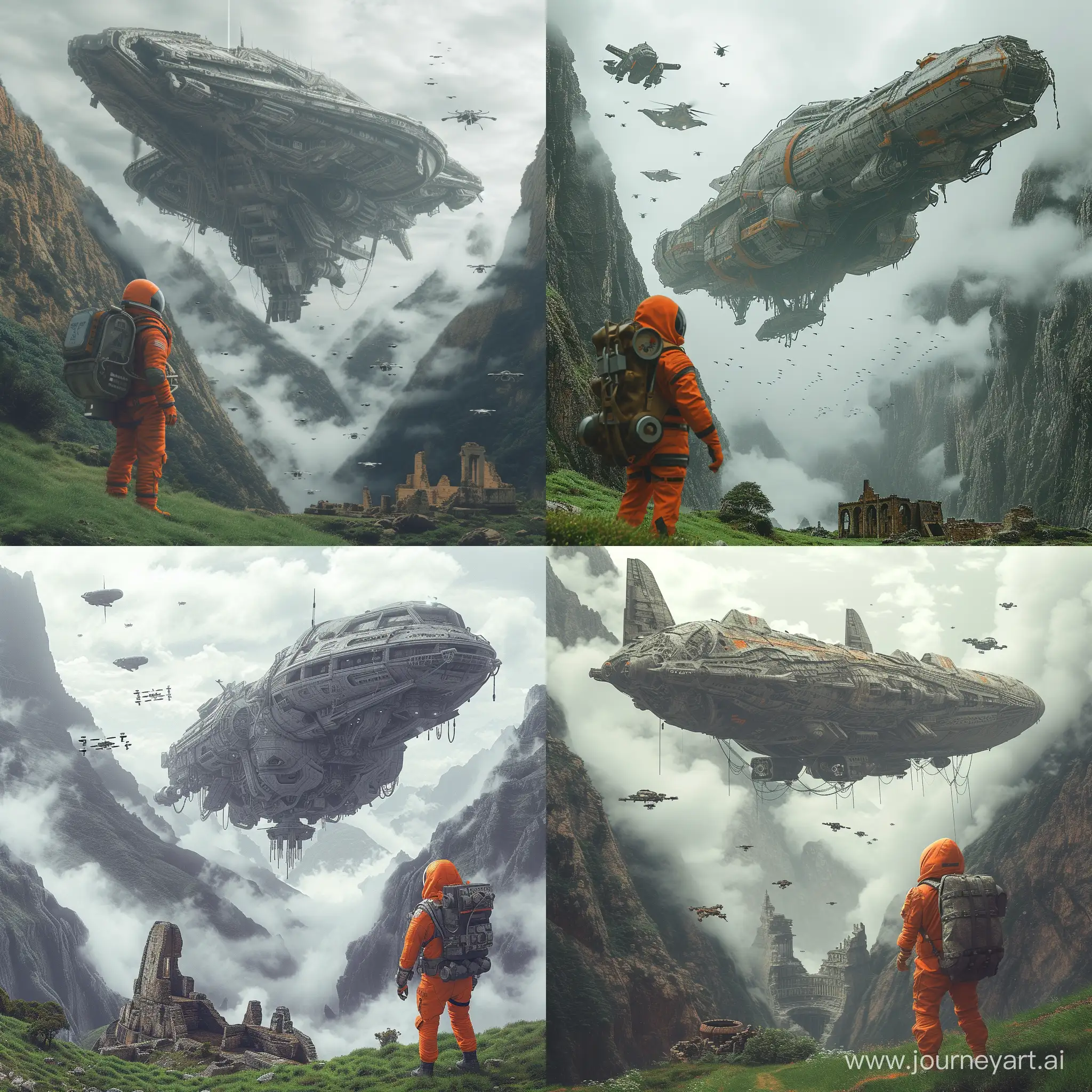 enveloped by clouds, a person in an orange spacesuit with a hood and equipped with a large backpack is standing on the grassy ground, observing the scene before them, a massive spaceship, detailed and worn, hovers above a deep chasm amidst the mountains, it appears to be landing or taking off, the spaceship has intricate designs and shows signs of wear and tear, indicating it has been used extensively, smaller flying objects are visible near the larger ship, possibly drones or smaller spacecrafts, ruins of an old structure are visible on the edge of the chasm below the hovering ship, they appear ancient and abandoned, the atmosphere is misty with clouds weaving through the mountains creating a mysterious ambiance, with added historical landmarks and historical landmarks and historical landmarks