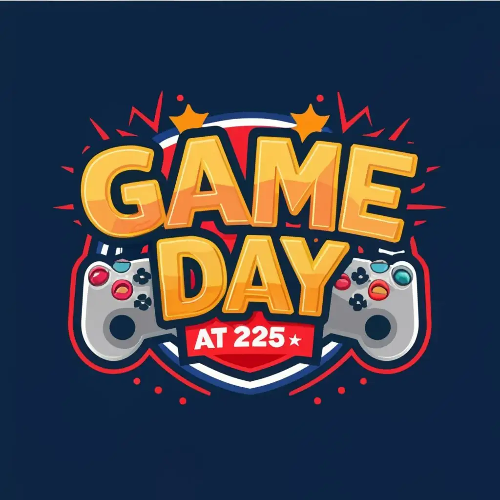 logo, video games, with the text "game day at 2:30", typography