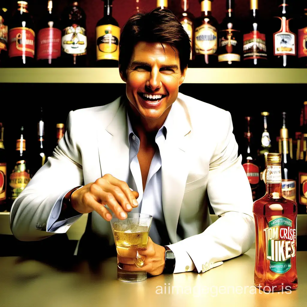 tom cruise in an alcohol commercial with the slogan "even tom cruise likes our booze!"