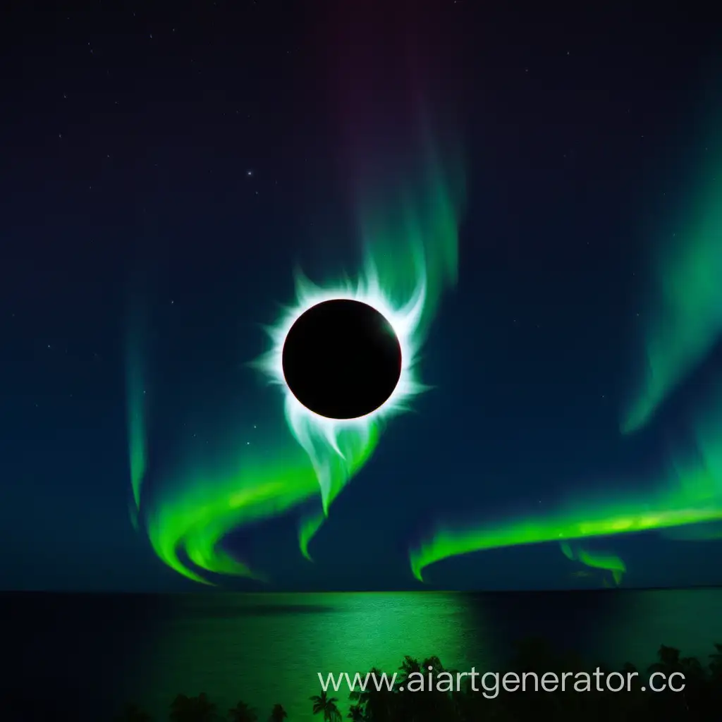 Eclipse-Silhouette-Amidst-Northern-Lights-in-Tropical-Setting