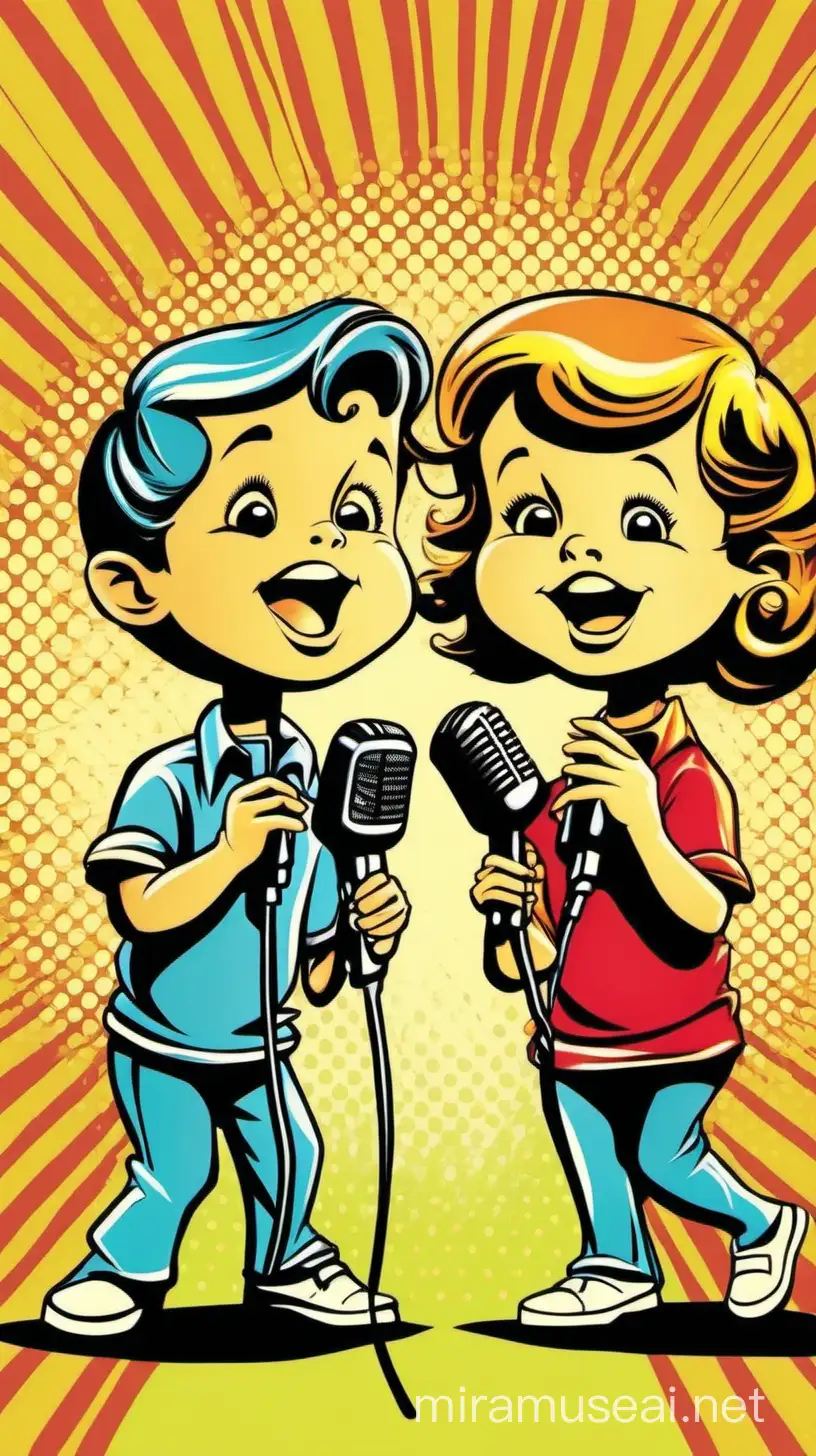Vintage Pop Art Two Singing Kids in Cartoon Style