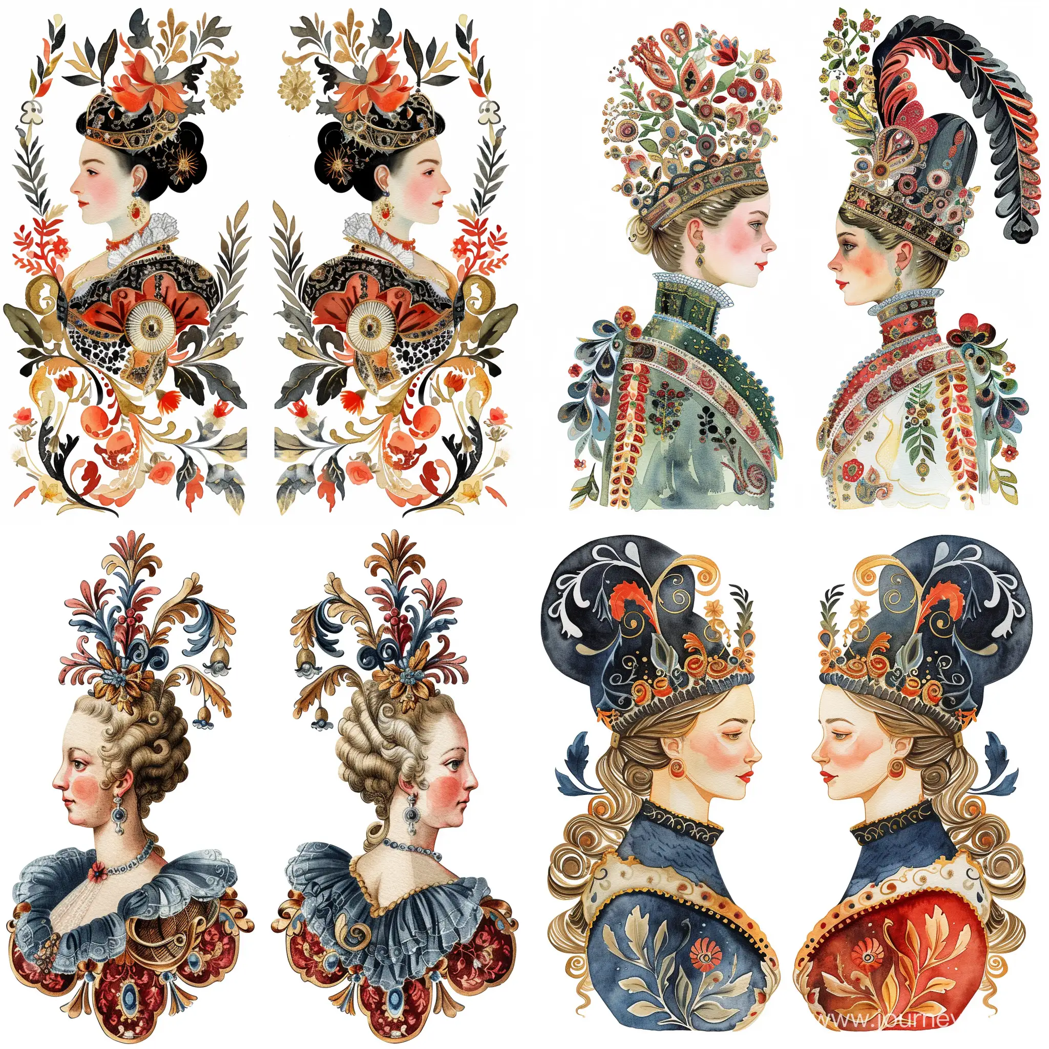 two variants of the ornament of the Austrian Queen, a women, with the ability to reflect vertically, decoratively, watercolor, flat illustration