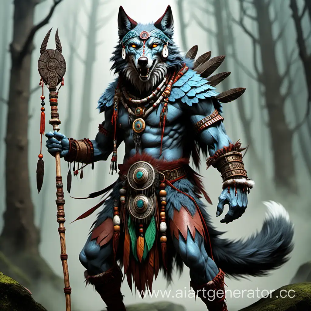 антропоморфный волк воин шаман добрый
