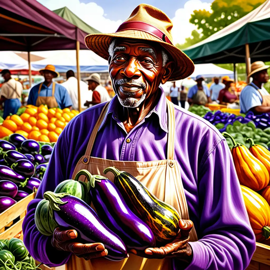 Ernie Barnes style cartoon african american old  man farmer holding purple eggplant and squash at the farmer's market