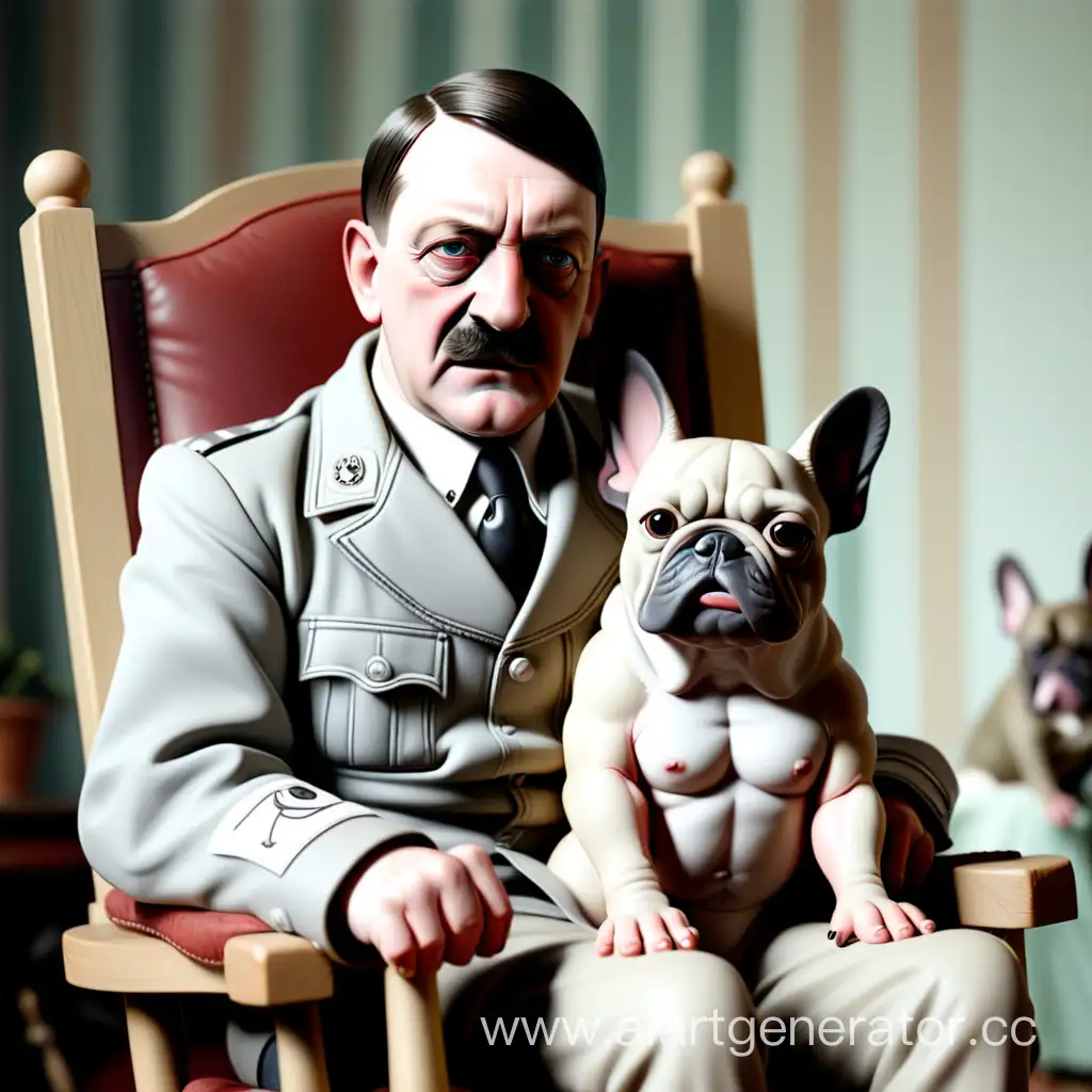 Адольф Гитлер сидит в кресле-качалке и держит на коленях французского мопса, он гладит его по голове