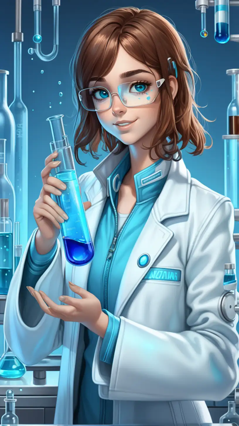 dentro de um laboratorio futurista com temas em azul , crie uma mulher avatar de perfil, feliz com jaleco branco e cabelos morenos, olhando para a camera e segurando um tubo de ensaio com liguido azul, seu olhar é castanho