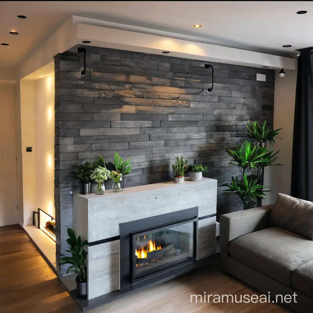 modern living room with lights and plants. improve the sofa. do not remove fireplace
