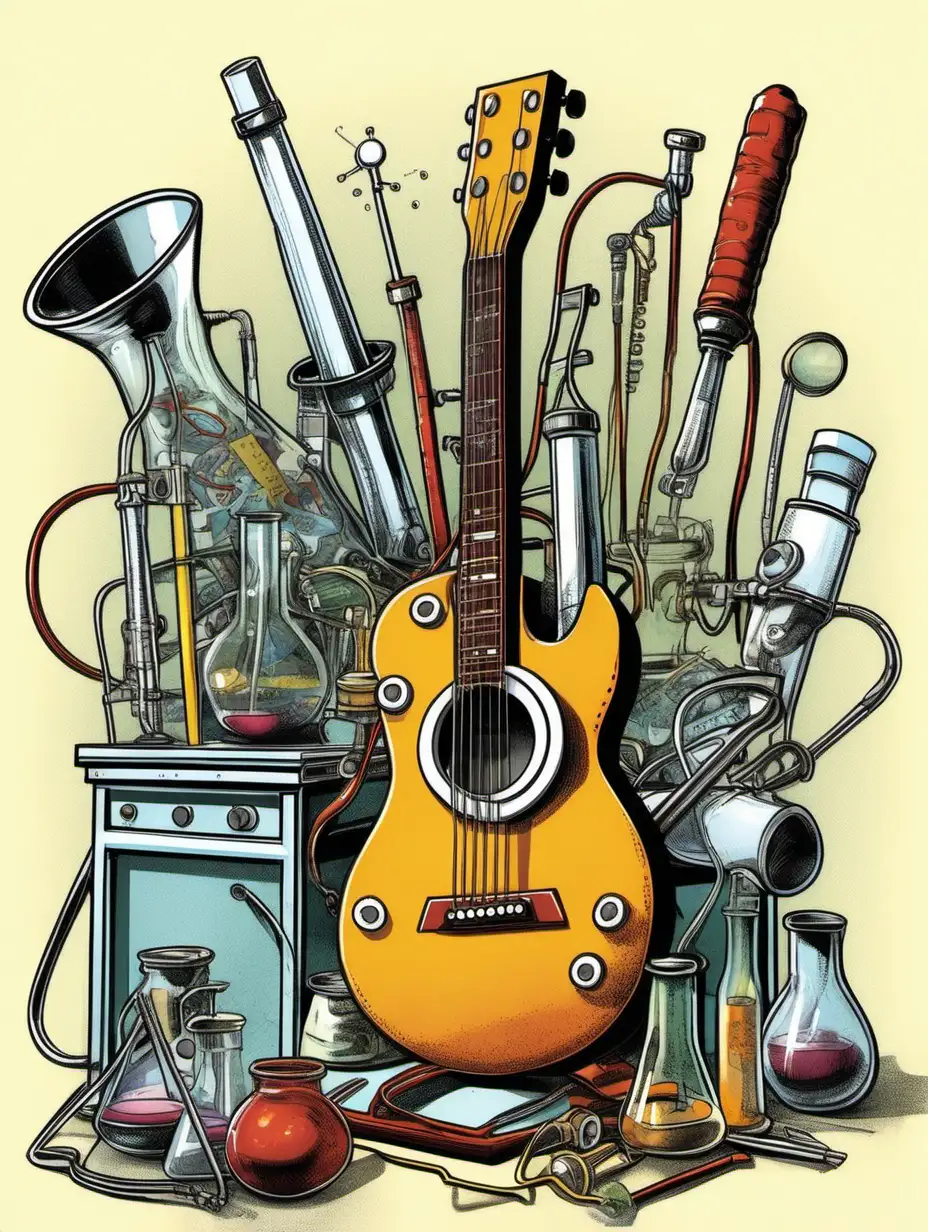 illustration of a guitar attached to a bunch of science instruments, measuring devices, beakers, etc. - Done in a serious graphic novel style