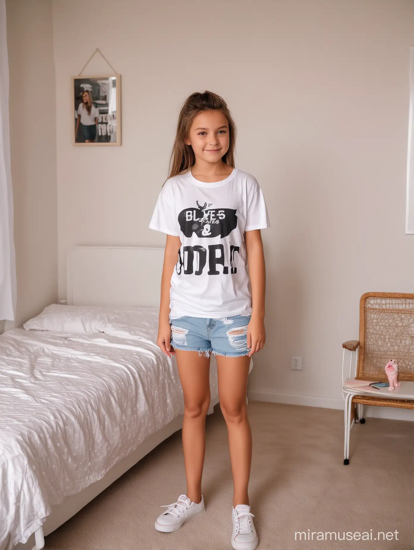 12 years old sweet cute adorable extremely cute wearing a T-shirt and shorts playing in her room full body full view cute room 