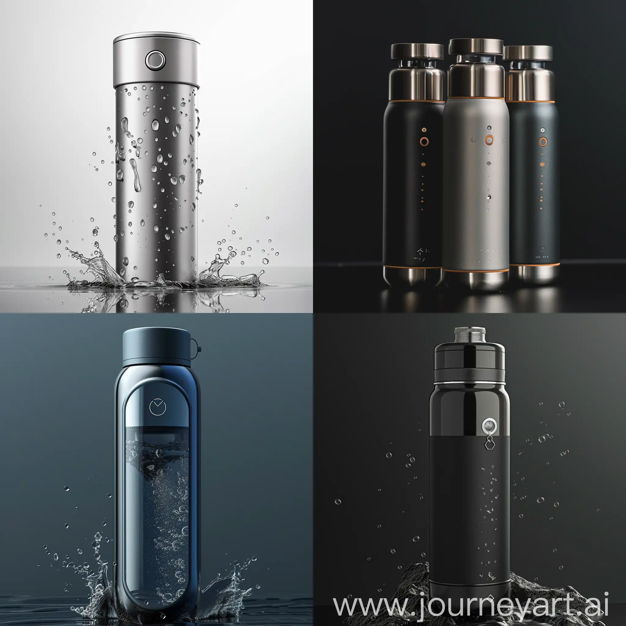 Generate an image of a portable water bottle crafted from premium aluminum with built-in water purification technology. The design should target environmentally conscious and health-oriented young adults aged 16-25. Emphasize the exclusive and sustainable nature of the product, showcasing its unique thermos effect. Consider incorporating elements that highlight the premium pricing strategy and align with the target demographic's focus on sustainability, fitness, and well-being. The image should convey a sense of quality, distinctiveness, and accessibility through various channels like social media, online platforms, and sports stores

