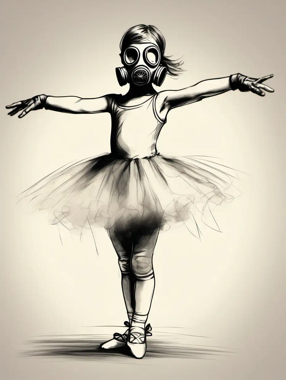 Little girl with Gas mask doing ballet sketch