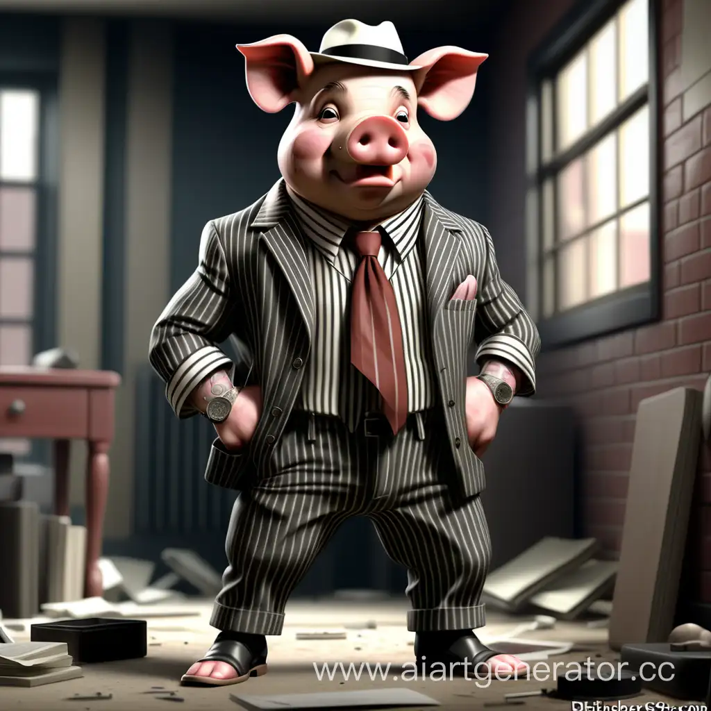 Draw a pig as a gangster man. The character should look like a real person. Dressed in Johnny Dillinger style pants and striped jacket.