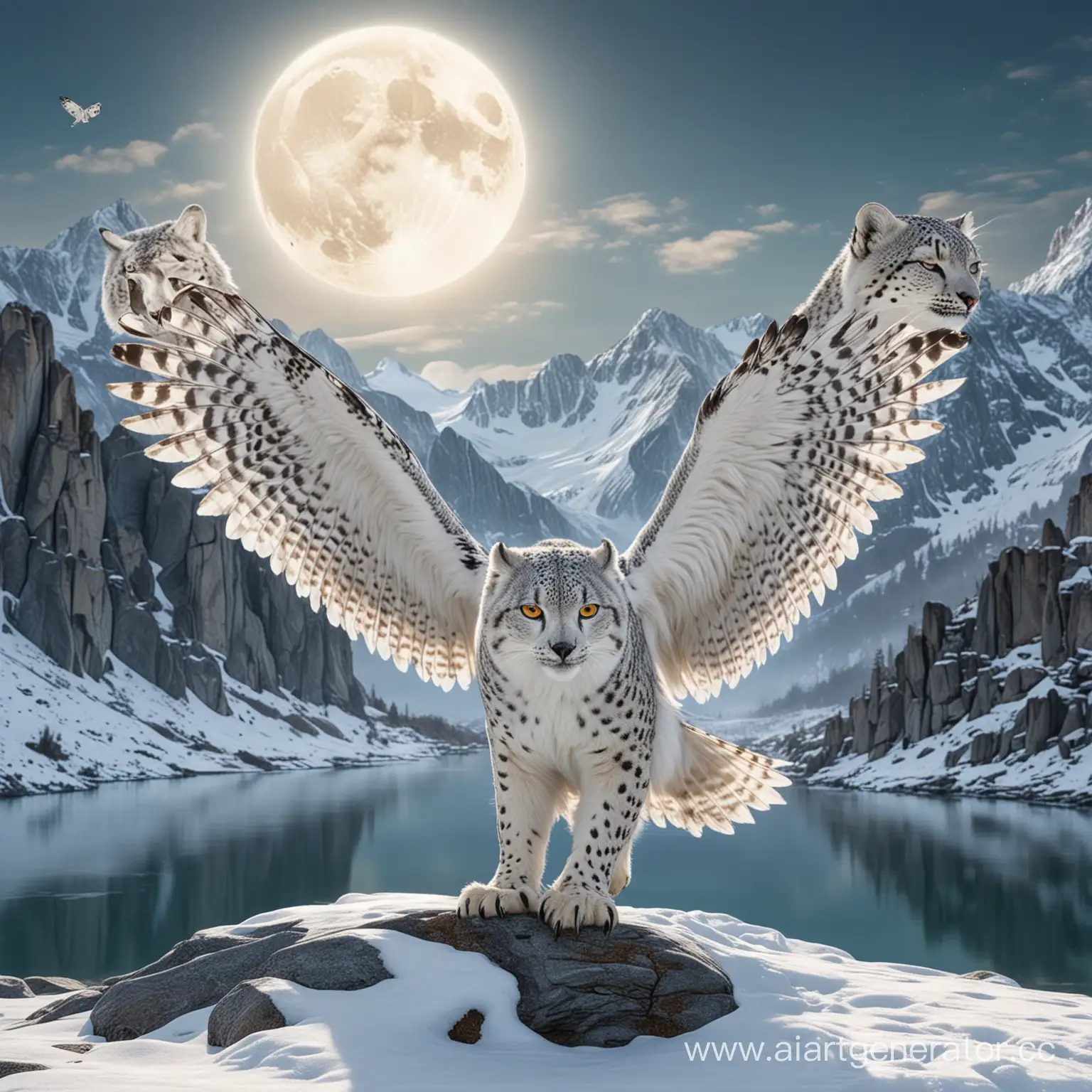 a polar owl bird with the body of a snow leopard, wings open, stands against the background of the moon in fabulous mountains, andscape featuring a picturesque lake under a bright, snowy sky., photorealistic quality
