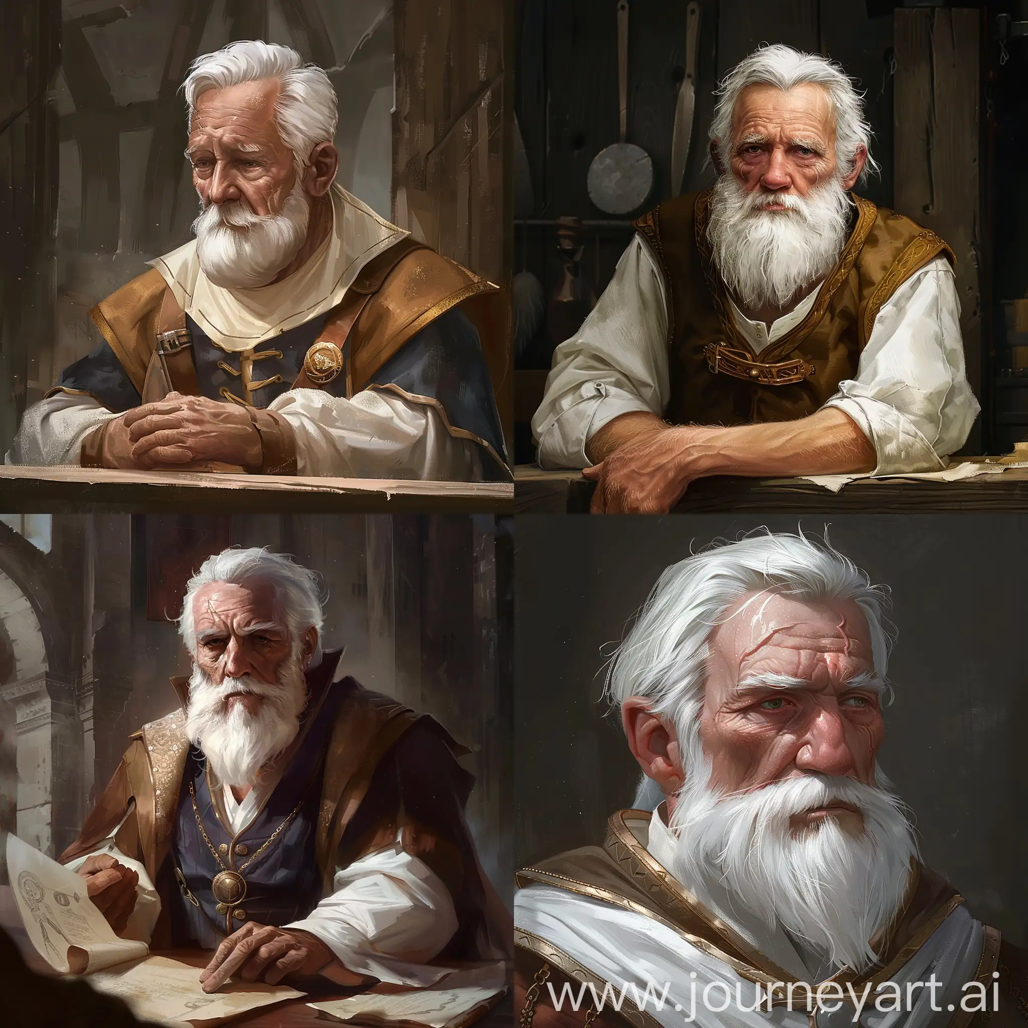 Fantasy Mayor, old male, white hair, white beard, slim, craftsman, humble