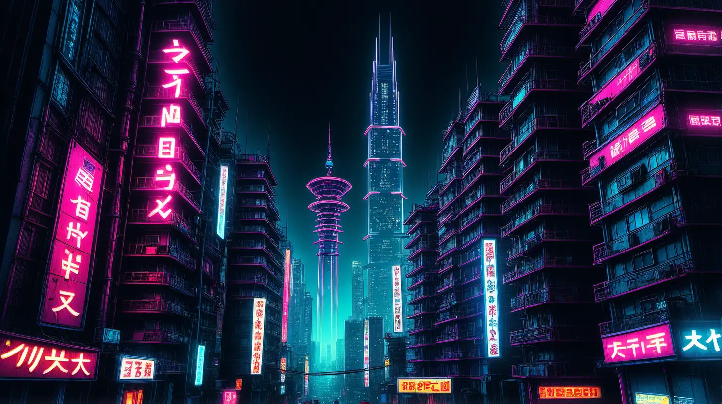 Japanese cyberpunk neon city skyscraper