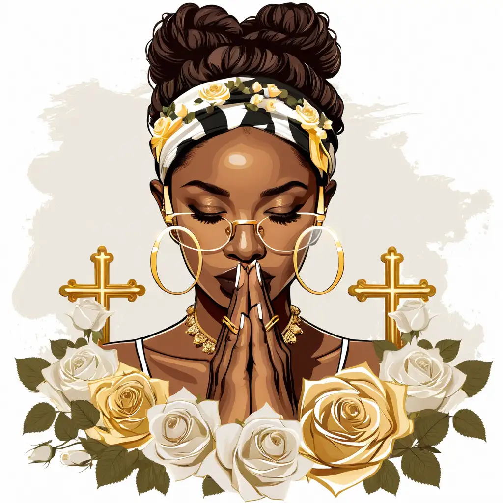 A beautiful African American woman with her head tilted down, her hands are together prayer pressed up against her face, wearing a headband and glasses, surrounded by white roses and two golden crosses stacked on top of each other, white background in the style of an illustration for a t shirt vector design