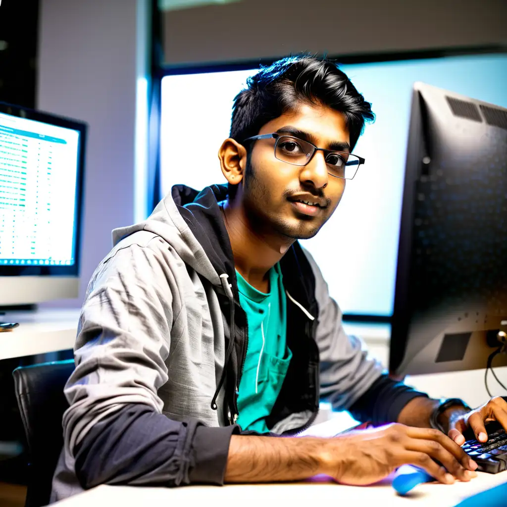 Indian Male 25 years old  working at a startup coding in front of a computer