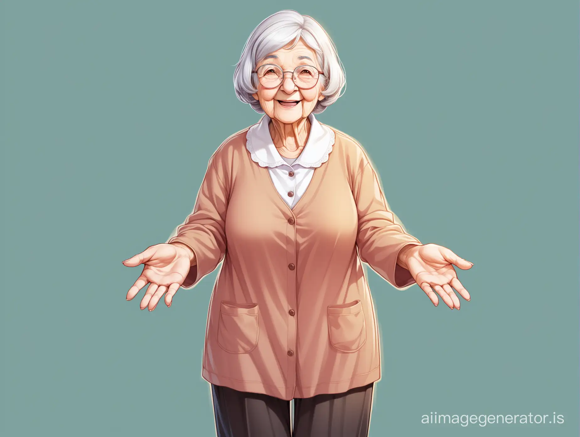 a kind Grandma with a friendly expression dressed in a normal way with body visible till legs and open hands  without any bagrounds like in a png image