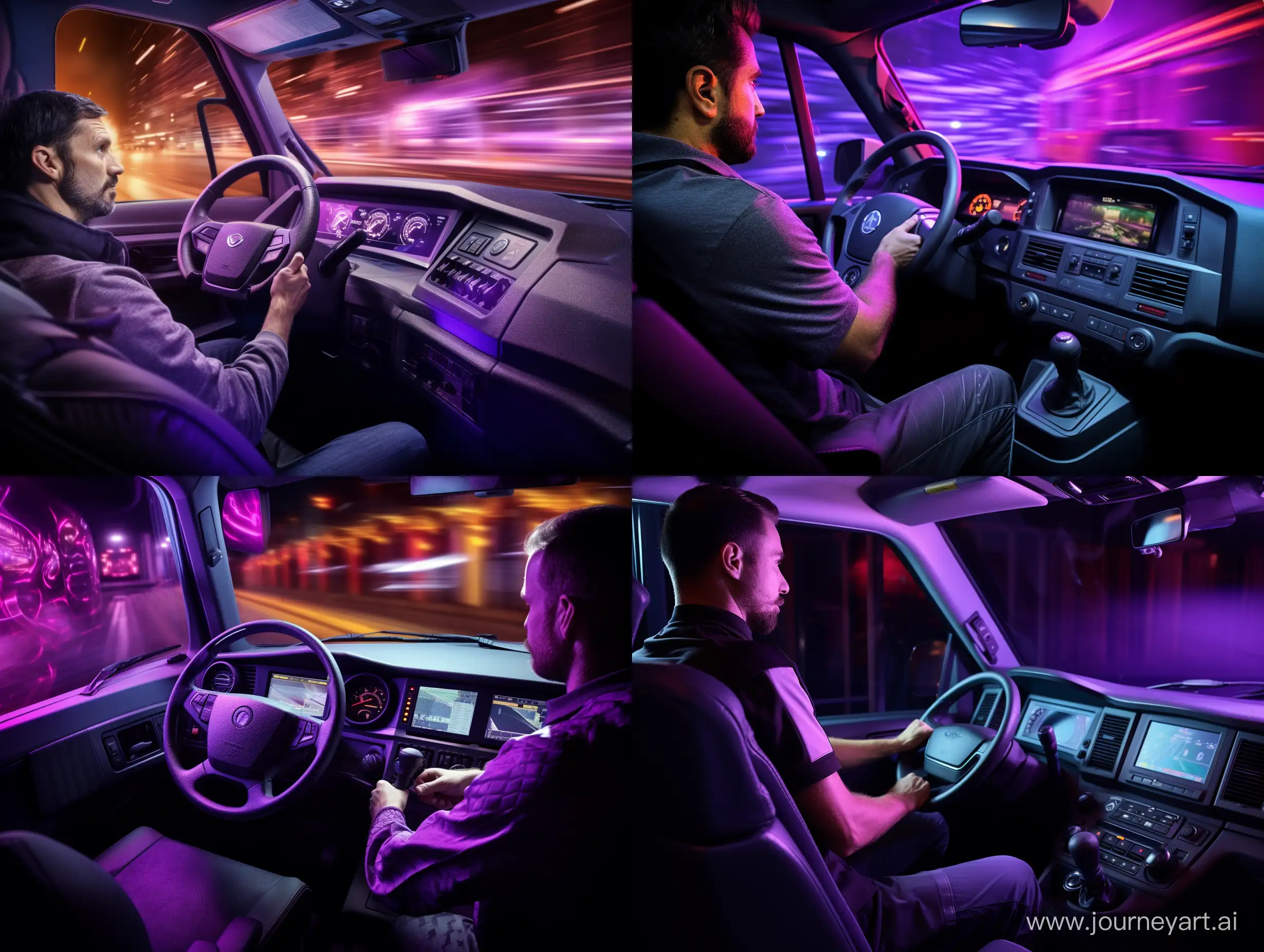 The driver holds the steering wheel, a 35-year-old man, driving iveco eurocargo, he can be seen through the windshield, front view, the iveco eurocargo truck is visible halfway, realism, purple light