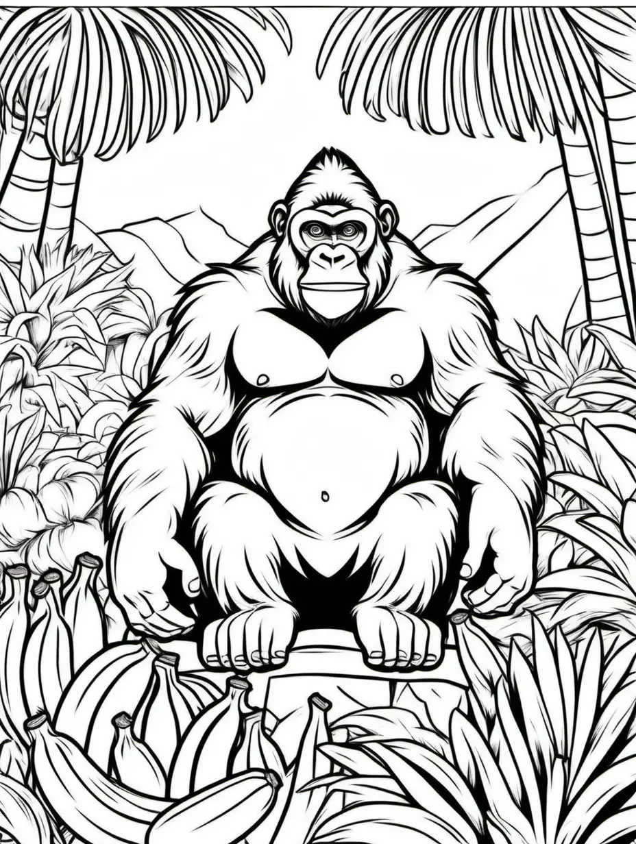 Coloring book, cartoon drawing, clean black and white, single line, in center of aspect ratio 9:16, white background, cute gorilla, with a bunch of bananas nearby.