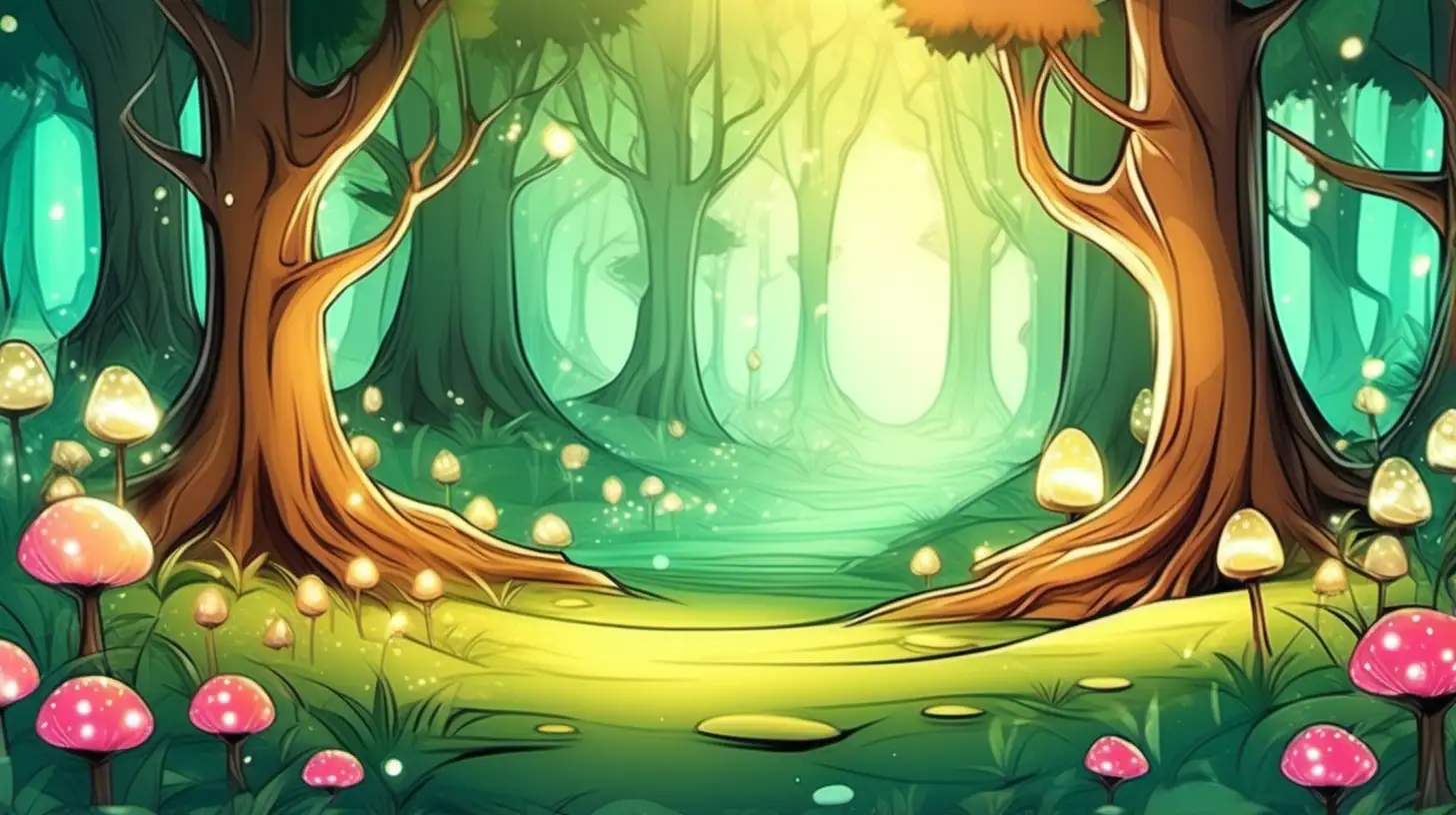 cartoon chibi style, a beautiful fairytale enchanted forest with perfect light