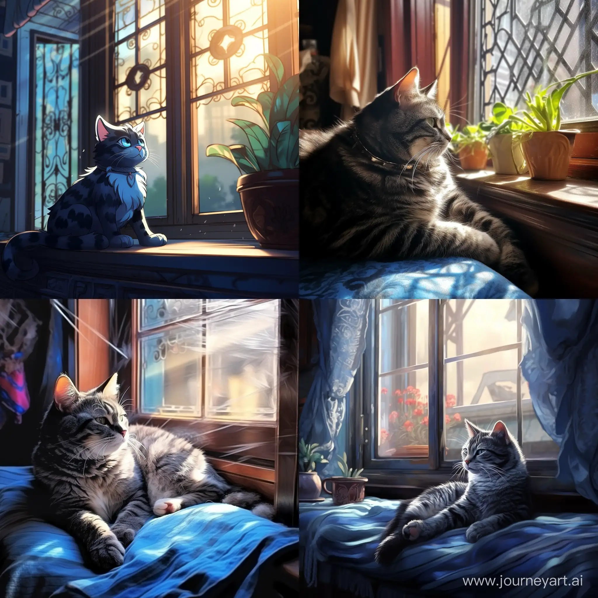 Relaxed-Blue-Cat-with-Patterns-Enjoying-Sunlight-by-the-Window