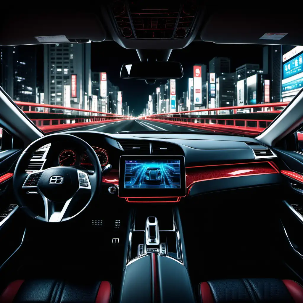 Visualize the sophisticated dashboard of a high-end car, featuring a sleek and modern dashboard with advanced stereo units, illuminated by ambient lighting that casts a soft glow on the intricate details of the controls and displays. The car's dashboard is designed with a luxurious blend of black and red reflecting a sense of elegance and power.

The scene is set in motion, with the car driving through the bustling streets of urban Tokyo at night. The city's vibrant life is captured in the reflection on the car's windows, with neon lights, towering skyscrapers, and the dynamic movement of people and vehicles adding to the urban atmosphere. The DAIKO stereo display glows brightly, showcasing the latest technology, with touch-sensitive controls and a high-definition screen displaying a futuristic interface.
