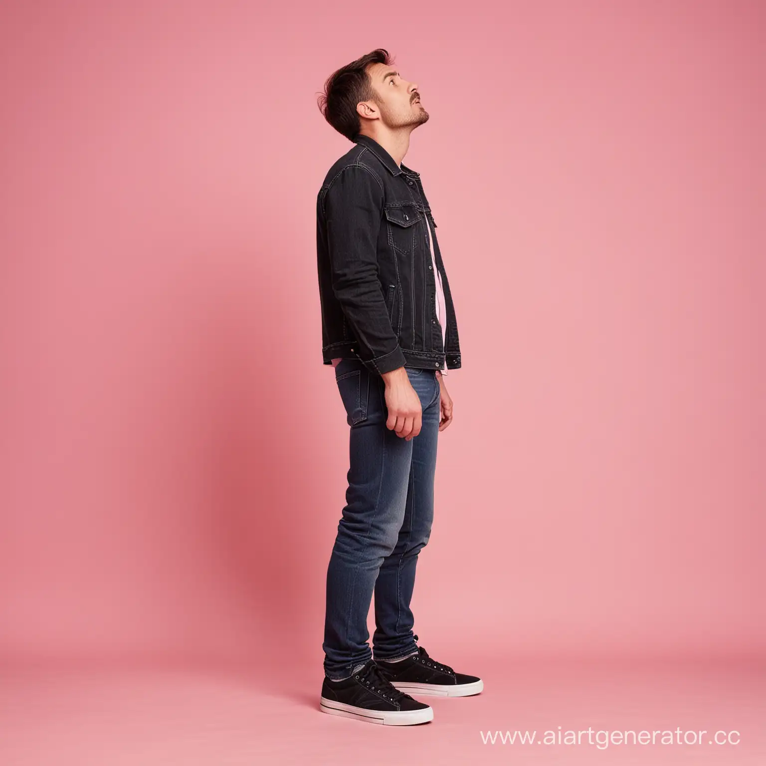 Short-Statured-Man-Gazing-Upwards-Against-Pink-Background