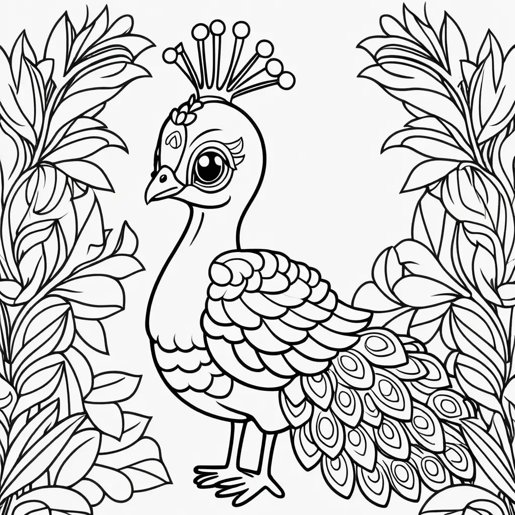 coloring book page outline, outline of a kawaii style cute and adorable baby peacock in sri  lanka


