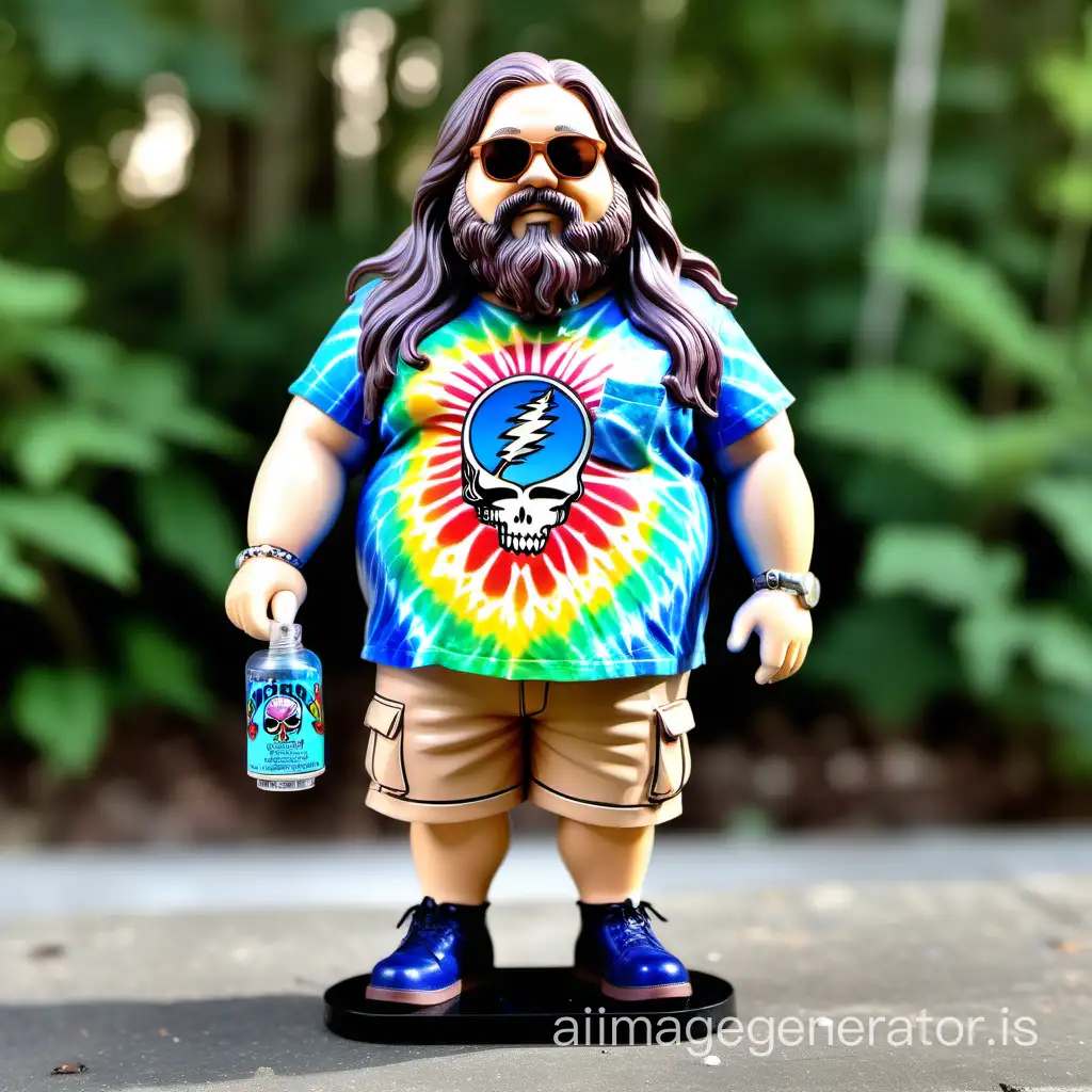 Funko Pop figure of a fat male hippie, Grateful Dead fan, Phish Fan, deadhead, wearing a colorful Tie Dye t-shirt and tan long cargo shorts. Long brown hair and a long beard. Holding a small blue glass Water Bong.  The figure stands in a concert festival lot 
