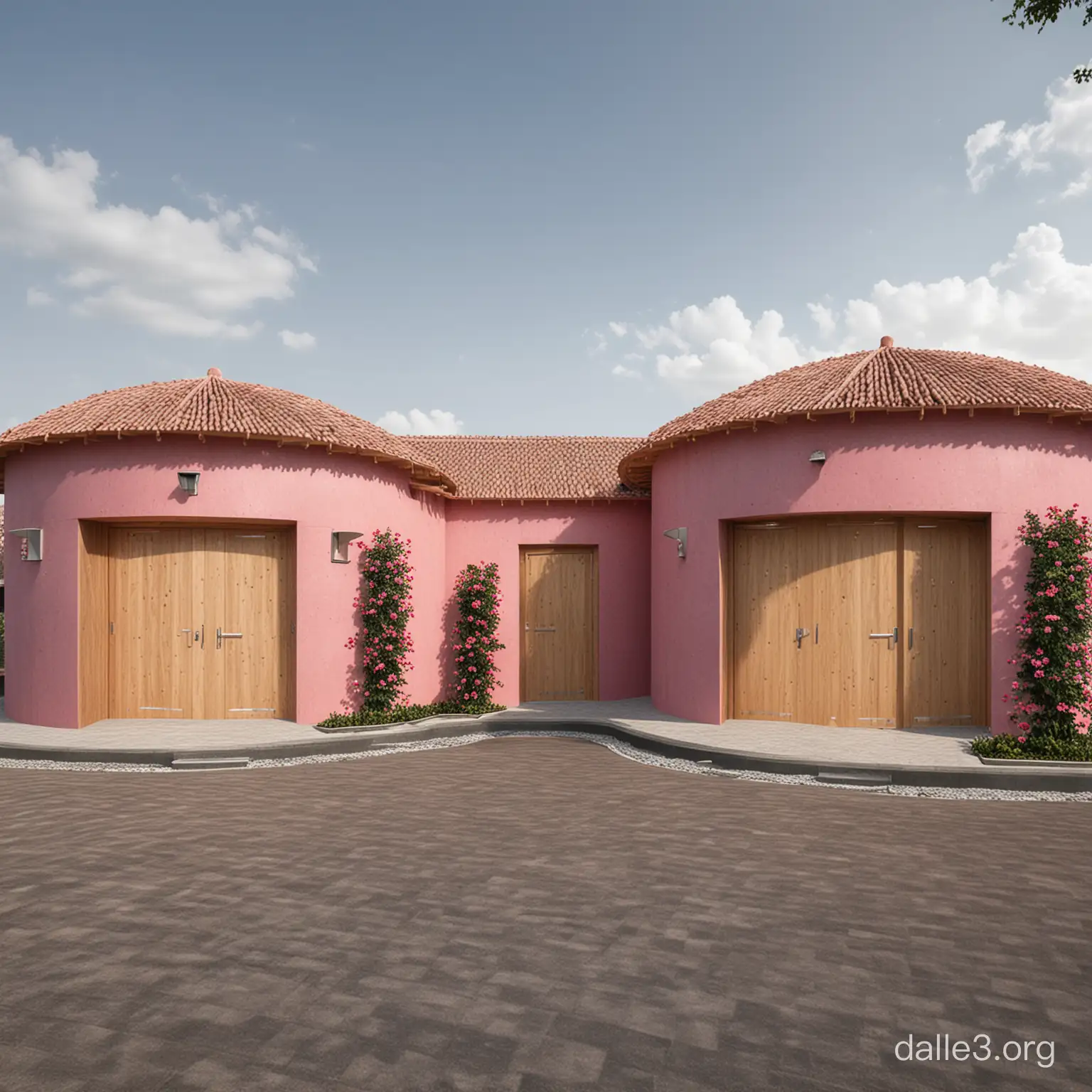 Create two washrooms made of landcrete blocks, facing each other in the opposite direction with separate butterfly roofs, directed towards the center for rainwater harvesting with visible wooden trusses supporting the roof, and a lobby made of wooden fences with the pink hibiscus flower as an inspirational concept, with the round wall backs of the washroom having LED wall panels to display advertisement about the KNUST community.