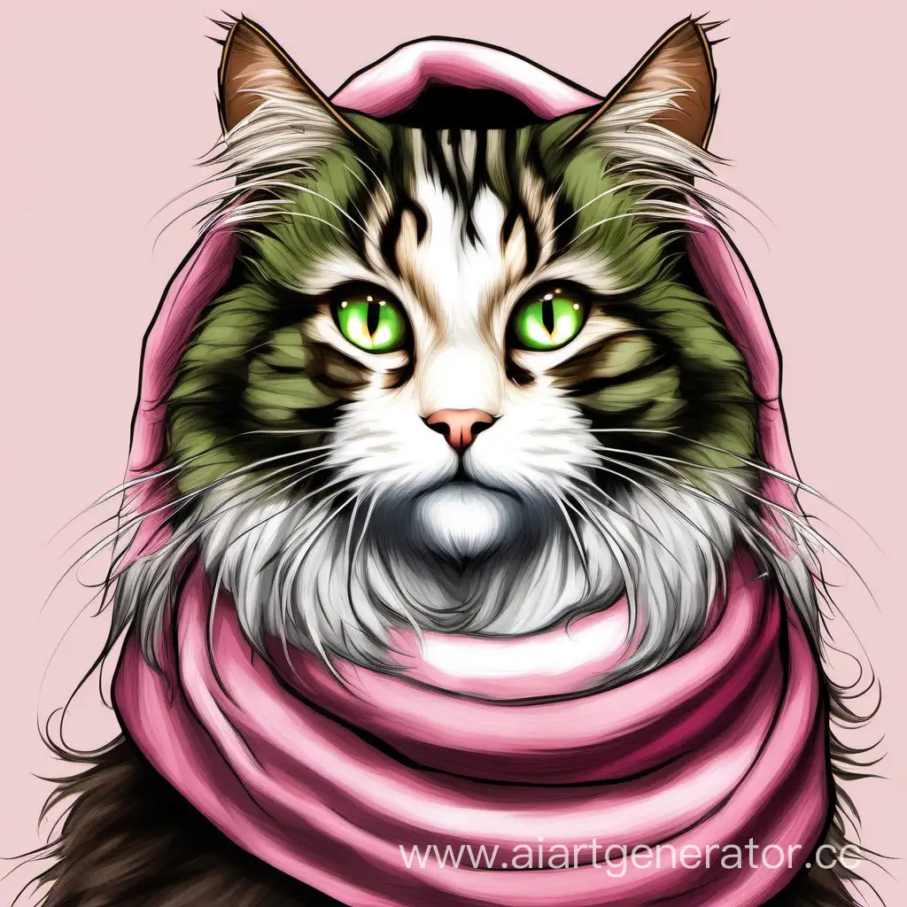 Majestic-Siberian-Forest-Cat-Named-Aziraphale-Riding-Caravan-with-Babushka-Scarf