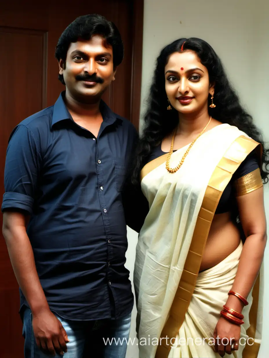 Full body image of A 45 years old kerala woman who looks exactly like malayalam movie actress Swetha menon and a 19 year old kerala boy who looks like very sweet. The woman has very long hair. The woman posing for a family photo with her boy. 
