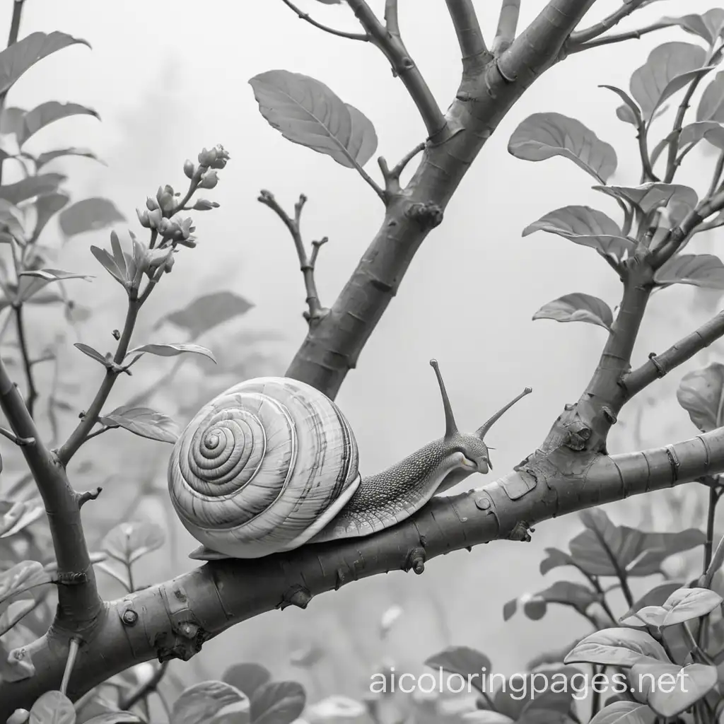 tree branch with snail in garden, Coloring Page, black and white, line art, white background, Simplicity, Ample White Space. The background of the coloring page is plain white to make it easy for young children to color within the lines. The outlines of all the subjects are easy to distinguish, making it simple for kids to color without too much difficulty