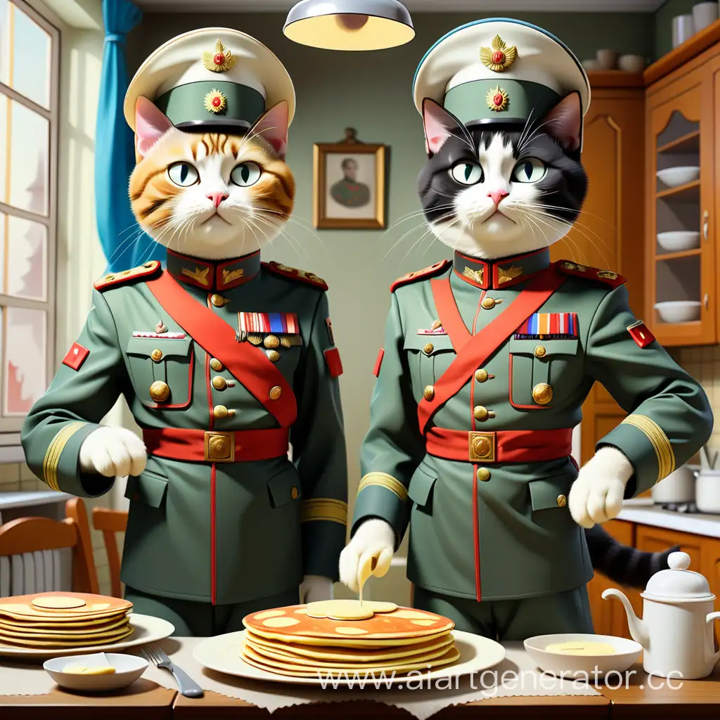 Два кота, один высокий, другой пониже, они оба в русской военной форме готовят блины