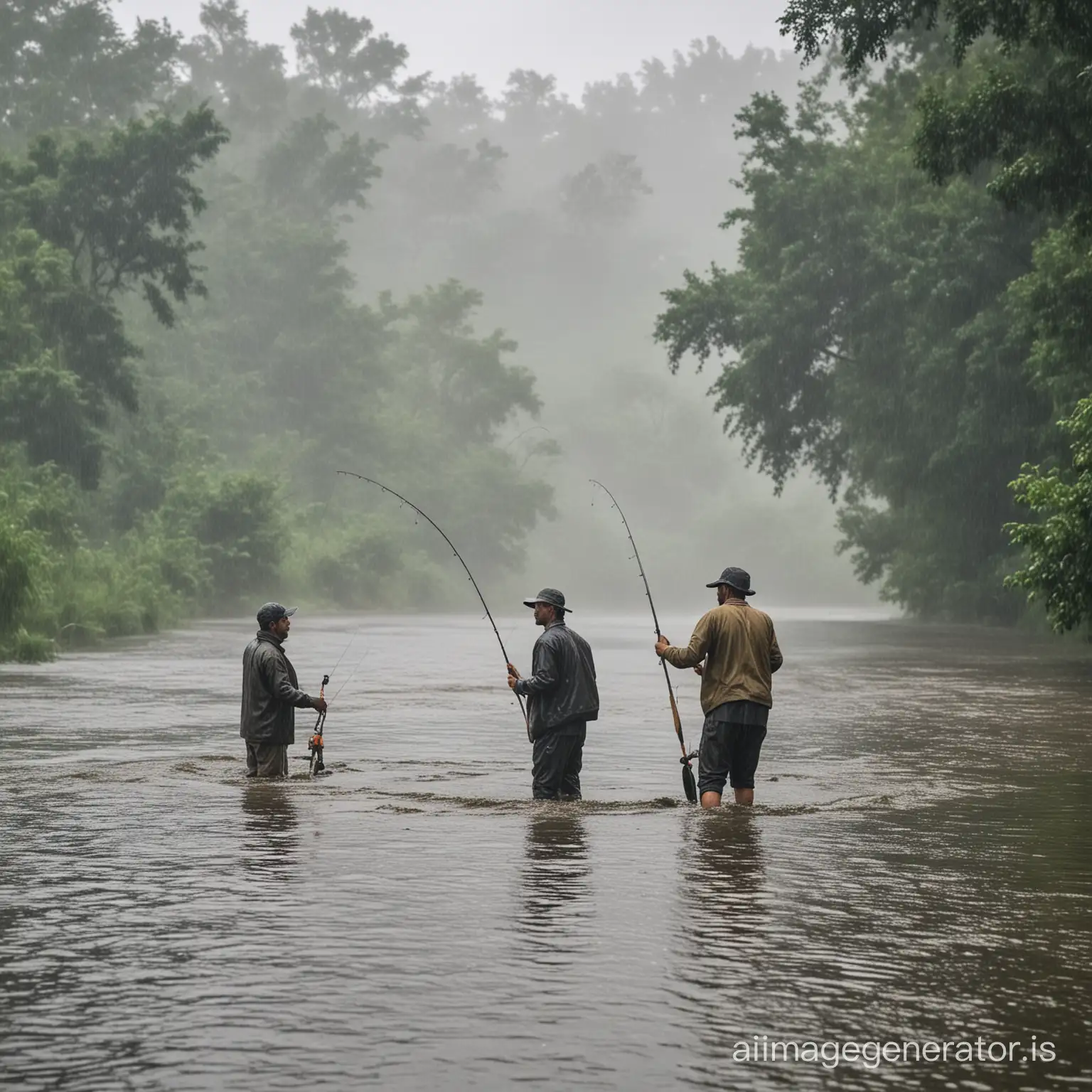 3 man fishing from cano in river,,rain day and strok background