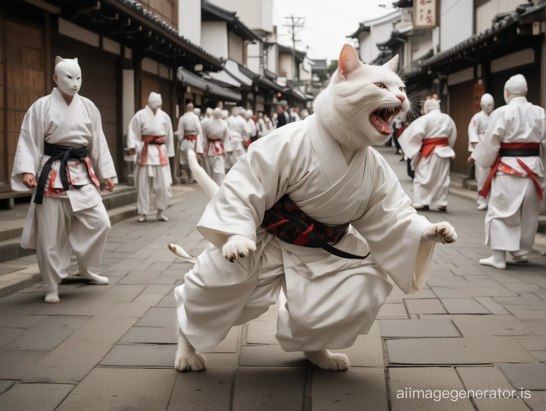 The white cat with black marks moving depicts Eastern martial arts, screaming with its mouth open, wearing 16th-century Japanese clothing on the streets of Tokyo.