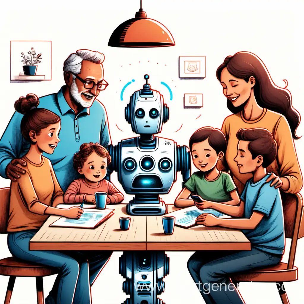 РИсунок красивой семьи мама, папа, дети и  бабушка и  дедушкой  сидящие за  столом  с голосовым помощником, колонкой  и телефонами роботами