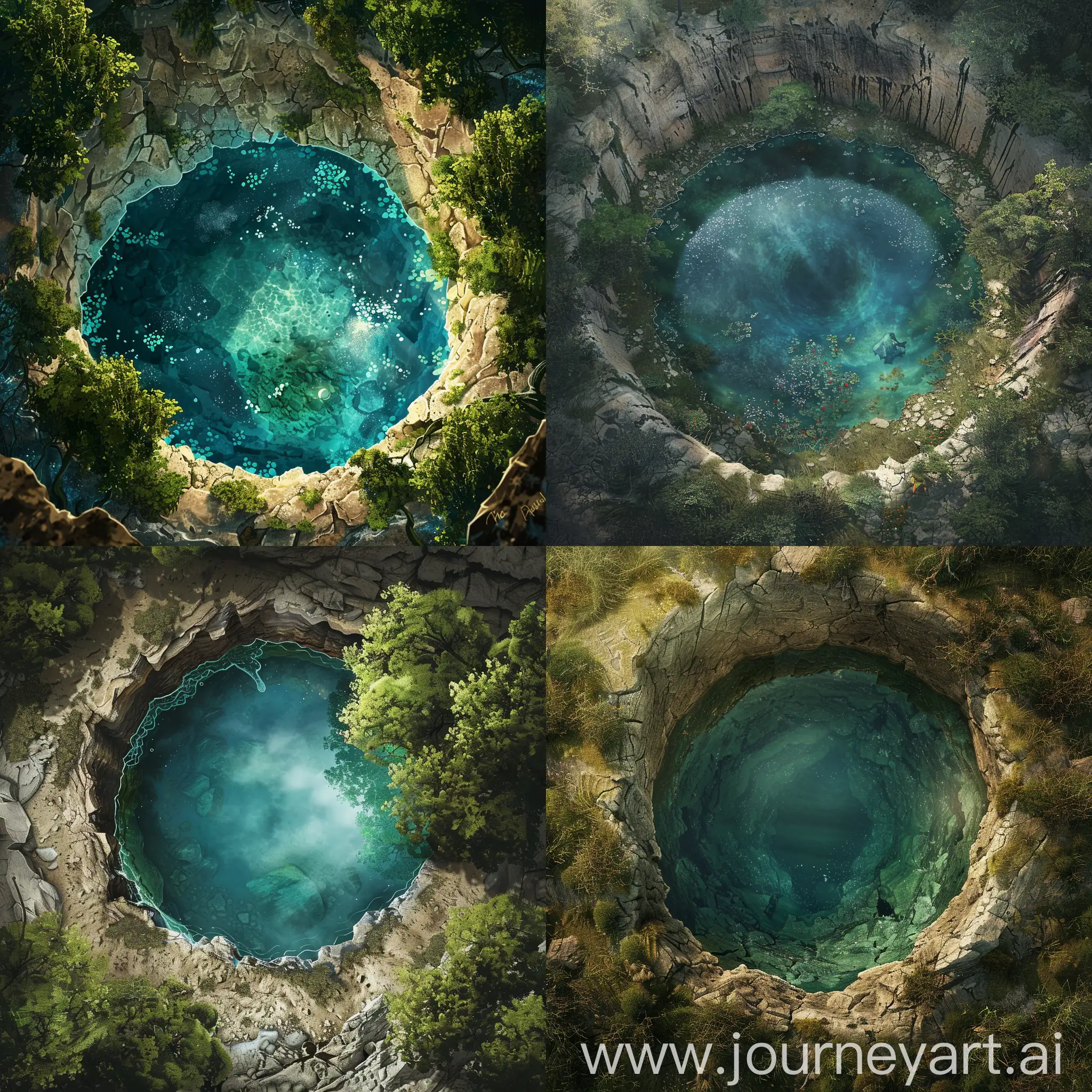 An story named "The Magical Lake", a lake in a hole seen from above, book coverbook cover, digital art,
