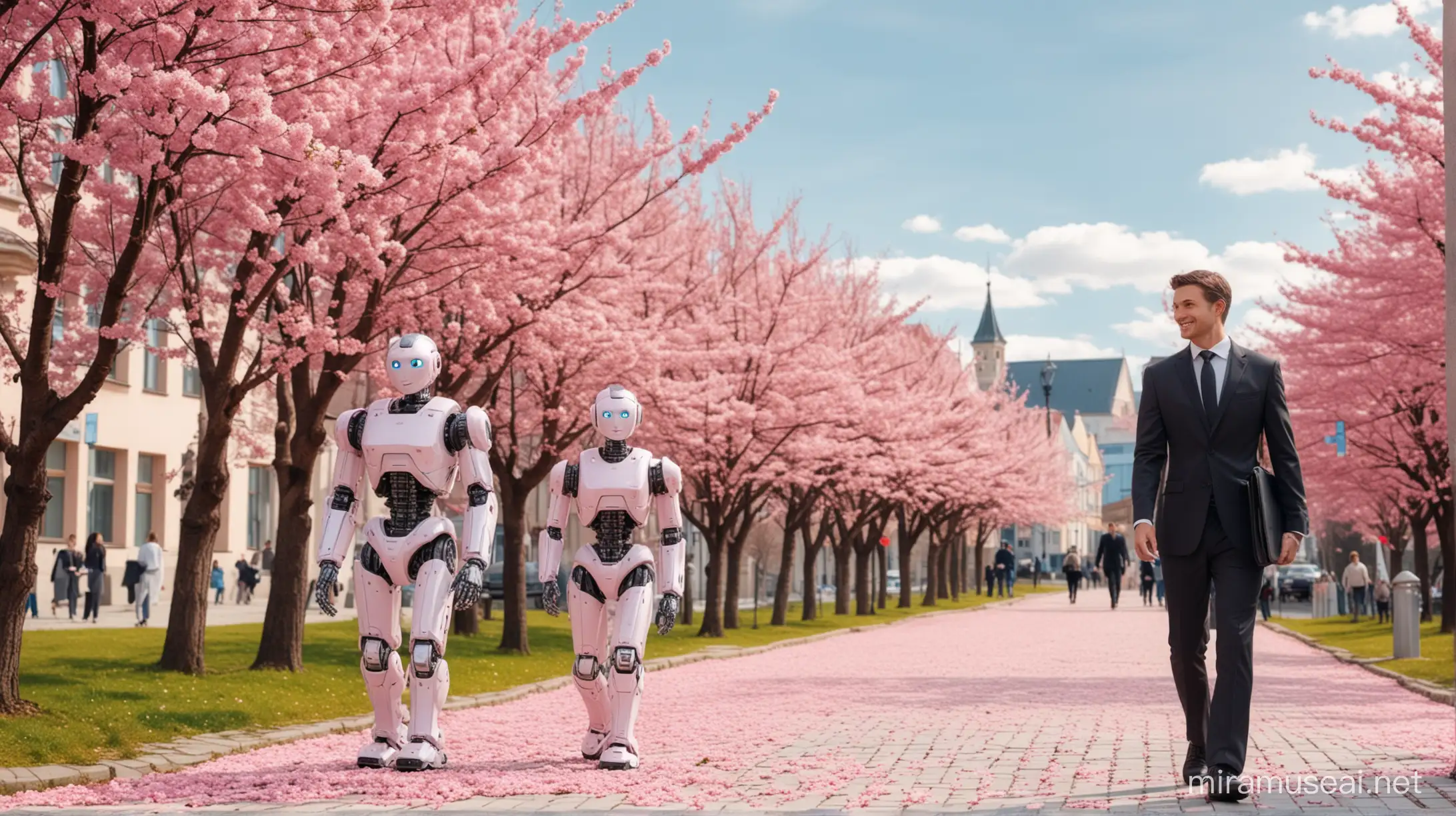  friendly artifficial intelligence robots and lawyers walking down together, smiling, in the Vilnius, Lithuania, on a sunny day, pink sacuras trees are blooming alongside, realistic photo