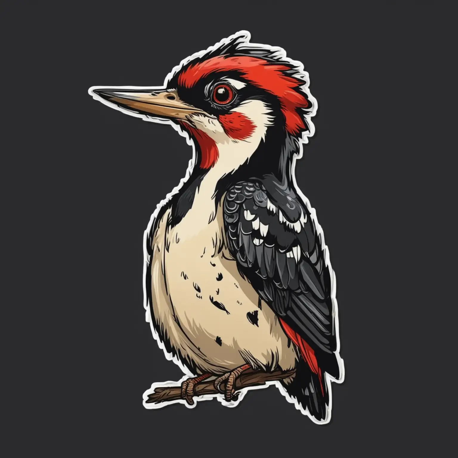 Sticker of a Woodpecker full body, caricature style, exaggerated features, bold lines, Die-cut sticker, vector, black background